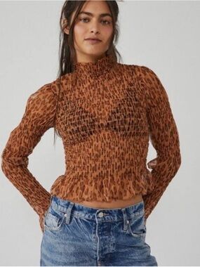 Free People HELLO THERE LEOPARD Long Sleeve Top XL NWT
